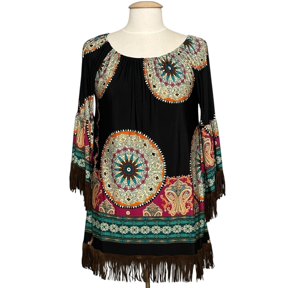 Vintage Lilypad Womens Dress S Black Tunic Fringed Mini Western Boho Cowgirl